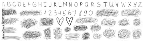 Expressive pen and scratch create messy mood, pen moves in scratch rhythm with squiggle, scribble, font, doodle and flowing line in raw messy style.