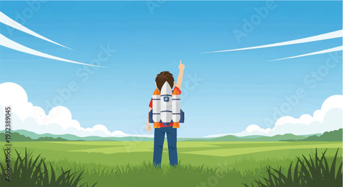 Child with rocket backpack in a field points to sky, representing future dreams, ambitious exploration, and limitless potential