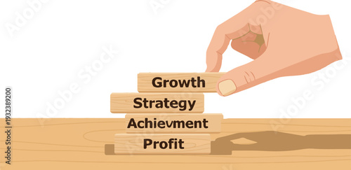 Hand stacking wooden blocks representing strategic planning, business growth, and financial success, illustrating the step-by-step process of achieving organizational profit and development