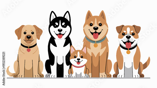 Five friendly dogs of different breeds sitting together in a row looking happy and approachable with various coat colors and patterns against a plain white background conveying