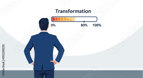 Visual representation of a business professional overseeing the progress of a corporate transformation initiative, symbolizing growth and successful change management