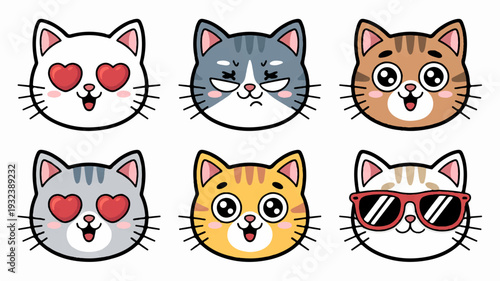 Six cartoon cats with various emotive expressions and accessories on white background