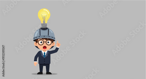 A surprised businessman with a lightbulb illuminating above his head, symbolizing a bright idea or sudden inspiration