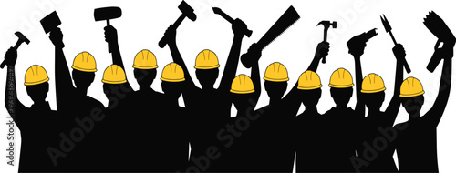 Diverse construction workers silhouettes collection set, professional builders wearing yellow safety helmets holding industrial hand tools