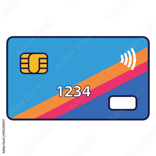 A stylized illustration of a credit card with chip and pay-wave symbols