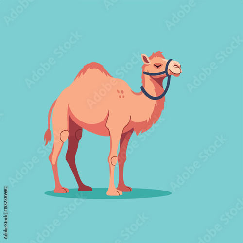 A stylized cartoon illustration of a camel standing on a blue background