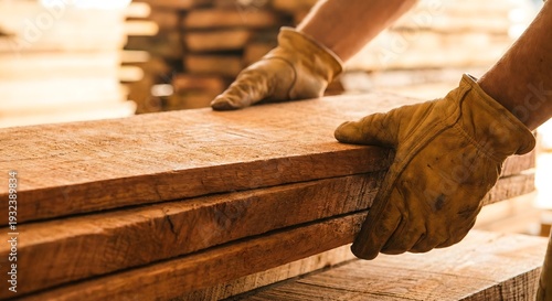 Close up of an adult man in a plaid shirt wearing leather gloves lifting wooden planks in a lumber yard woodshop for carpentry and construction manual labor
