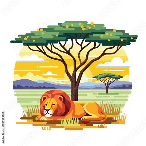 A stylized illustration of a lion resting in the savanna landscape
