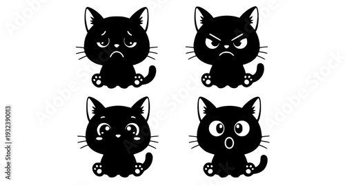 Black cat kitten kawaii icon set vector illustration with multiple emotions
