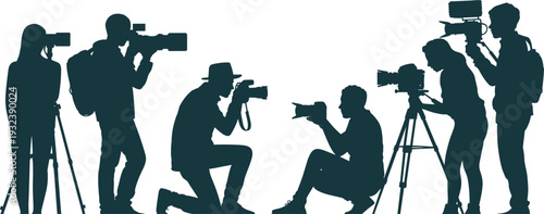 Professional photographers and videographers silhouettes collection set, camera operators filming and taking photos in various poses