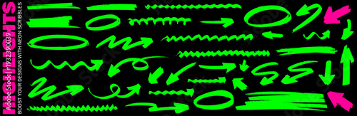 Creative highlight and marker focus arrow and line, highlight and marker enhance flow. arrow and line move on paper with circle, shape, pen, underline.