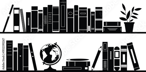 Bookshelf silhouettes collection set with books globe and pencil, library interior and education knowledge concept