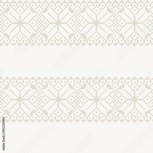 Winter Holiday Textile Design Pattern For Fashion Homeware And Computer Graphics With Pixelated Snowflake Motifs In Neutral Beige And White Tones