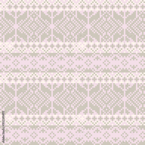 Fair Isle Pattern Design Textile Print For Fashion And Homeware Pixelated Geometric Ornament In Beige Pink And White Repeating Surface Design