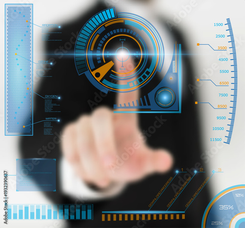 Futuristic HUD Interface for Data Visualization. Vector Illustration of a Digital Dashboard with Touch-Screen Interaction and Analytical Graphs