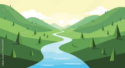 A stylized landscape featuring a winding river and green hills