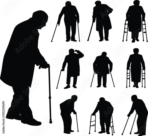 Elderly people silhouettes with walking aids collection set, senior citizens using canes and walkers for mobility assistance