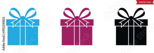 Set of colorful surprise gift boxes on cartoon flat style design with ribbon isolated on white background. Surprise event celebration and party