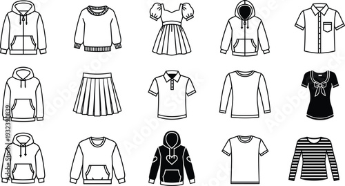 Clothing and apparel icon set with hoodies sweatshirts tshirts skirts and dresses for cad drawing flat vector illustration design background,