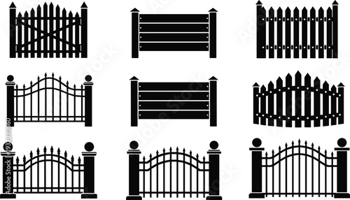 Fence and gate silhouette set with wooden pickets wrought iron railings and garden barriers for cad drawing flat vector illustration,