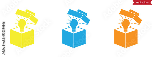 Vibrant vector icons of lightbulbs emerging from boxes in yellow, blue, and orange, symbolizing innovative ideas and creativity