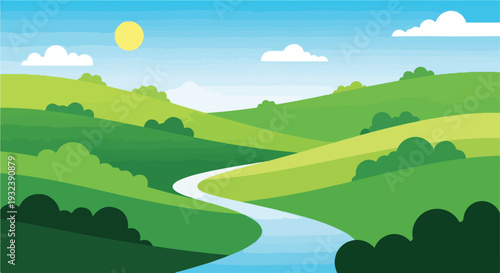 A stylized landscape featuring rolling hills, river, sun, and clouds