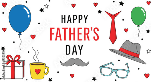 Happy Fathers Day celebration card with balloons gift box tie hat coffee and mustache for cad drawing flat vector illustration,