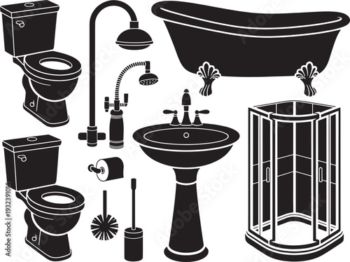 Bathroom plumbing fixtures set with toilet bathtub sink shower cabin and cleaning accessories icons pack