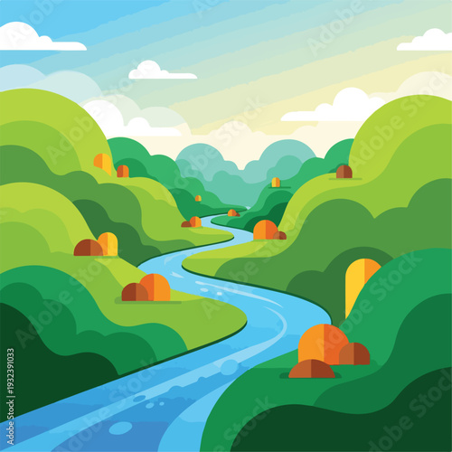 A stylized landscape illustration with river flowing through green hills