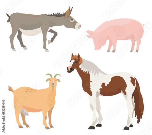 Collection cute vector hand drawn farm animals icon set. Cartoon donkey, pig, goat and horse character illustration isolated on white background.