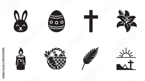 Icons Easter Christian set with bunny, decorated egg, cross, lily, candle, basket, palm leaf, and sunrise tomb silhouettes.