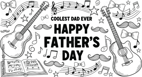 Happy Fathers Day musical doodle set with acoustic guitars music notes stars and bowties for cad drawing flat vector illustration,