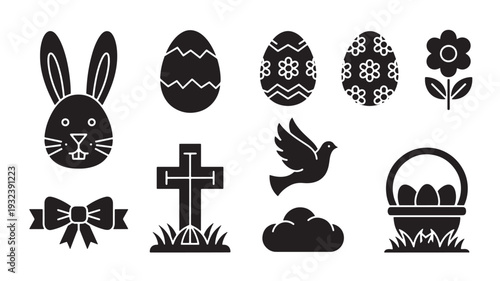Easter icons set with rabbit head, decorated eggs, flower, bow, cross, dove, cloud, and basket silhouette collection.