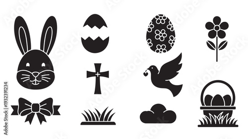 Easter icon set with bunny face, egg, cross, dove, flower, basket, bow, cloud and grass silhouettes in black