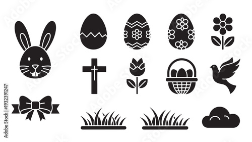 Easter icons set with bunny face, decorated eggs, cross, spring flowers, basket, dove, bow, grass and cloud silhouettes