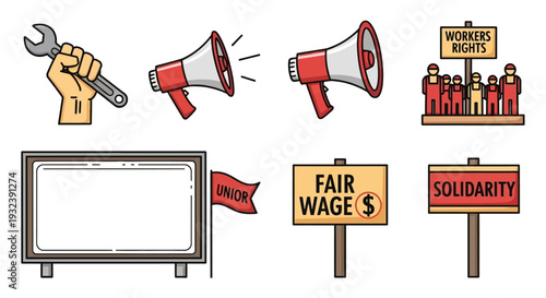 Labor Rights Icons: Union, Protest, Fair Wage, Solidarity, Workers Rights