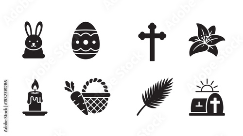Easter and religious icons set with bunny, decorated egg, cross, lily, candle, basket with carrot, palm leaf, and tomb