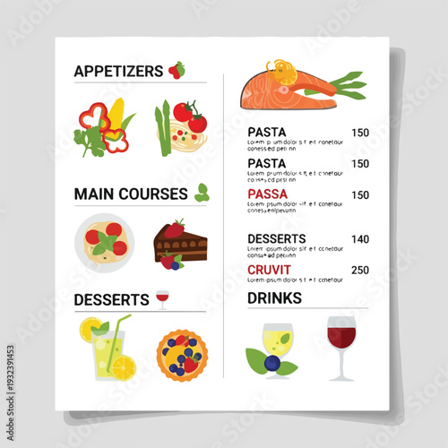 A stylized menu featuring colorful food illustrations, on a white background
