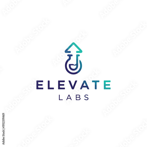 A stylized logo with an arrow-shaped upward, a lab flask, and text below