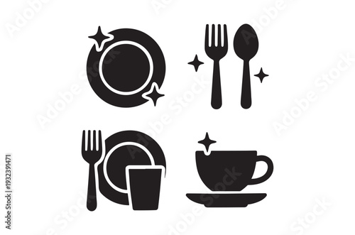 Black silhouettes of dishware cutlery and a cup with sparkling stars