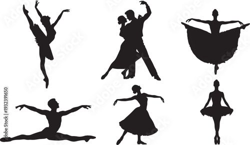 Ballet and Ballroom Dancer Silhouette Vector Set, Elegant Dance Pose Collection Black Illustration