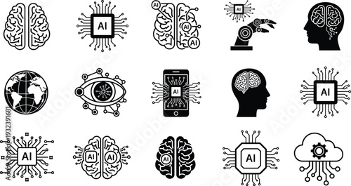 Artificial intelligence AI icon set with brain chip neural network robot arm and cloud technology for cad drawing flat vector illustration,