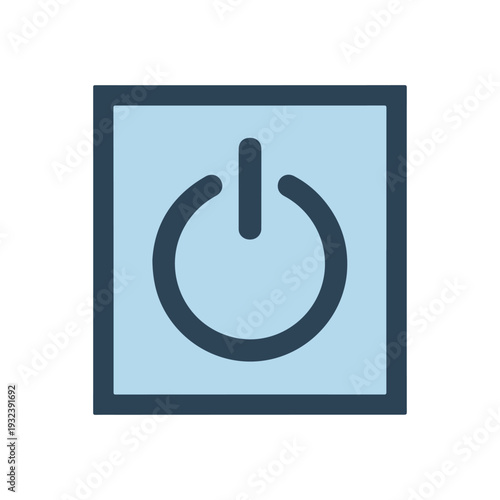 A stylized power button symbol in a light blue square