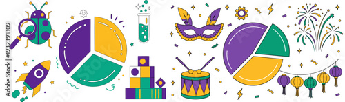 A colorful vector graphic illustration of Mardi Gras themed charts and icons