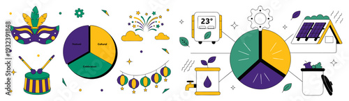 A colorful vector graphic illustration of Mardi Gras themed icons and charts