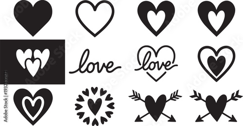 Black heart silhouette collection, minimalist love icons, romantic wedding elements, hand drawn vector set for valentines day