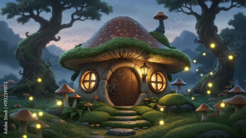 Magical Mushroom House in Enchanted Forest with Glowing Lights and Whimsical Atmosphere
