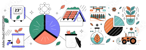 A colorful vector graphic illustration of eco-friendly icons and pie charts for sustainable energy and environmental concepts