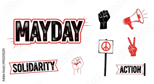 Mayday Solidarity and Action Symbols: Fist, Peace Sign, Megaphone, Victory