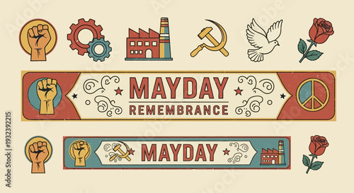 Mayday Remembrance Icons: Fist, Hammer, Sickle, Dove, Rose, Factory, Peace Symbol